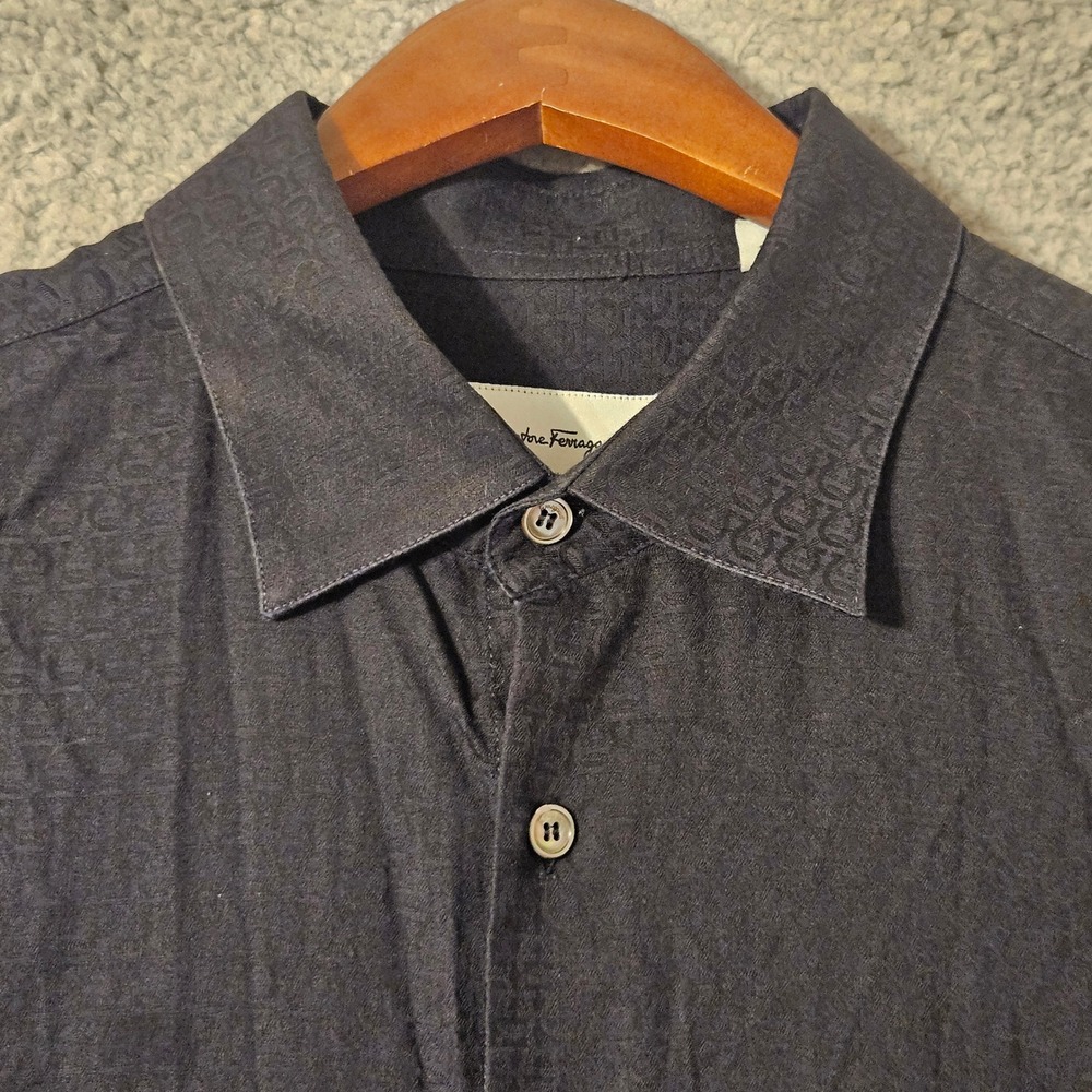 Salvatore Ferragamo Mens Gancini Monogram Cotton Shirt Black Size Large Italy